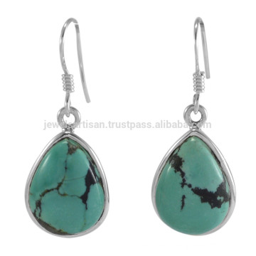 Natural Tibetan Turquoise Gemstone Bezel Set & 925 Sterling Silver Dangle Earrings Jewelry